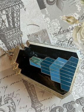 Art Deco enamel compaction finger chain lipstick powder mirror